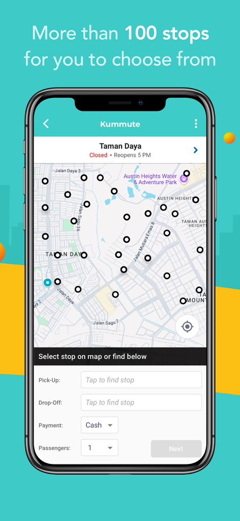 Kummute - Ride-pooling app - Kummute app interface showing a city map with multiple virtual stops for ride-pooling.