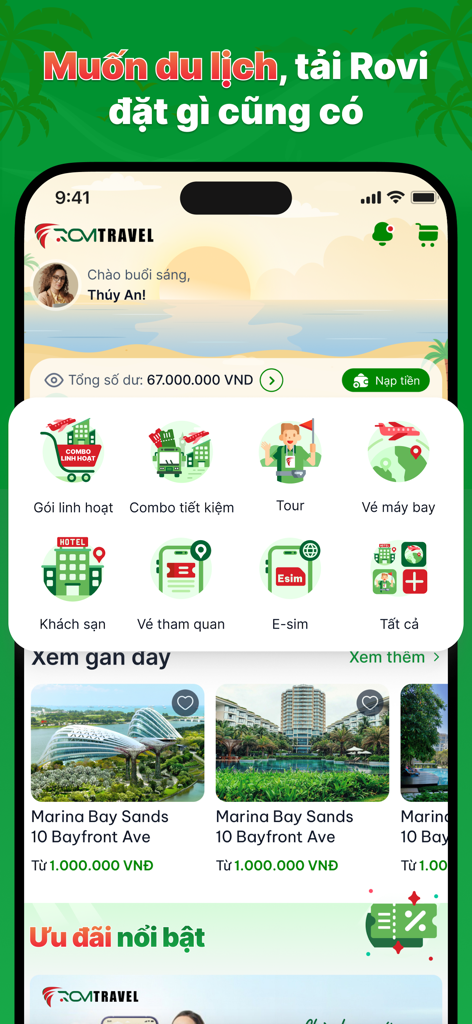 Rovi Travel - Interfaz de la aplicación móvil Rovi Travel mostrando iconos para reservar hoteles, vuelos, tours y eSIMs.