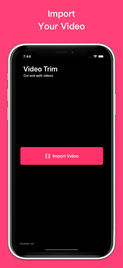 Video Trim -Cut And Clip Video - Interface of the Video Trim app showing a dark screen with a prominent pink Import Video button