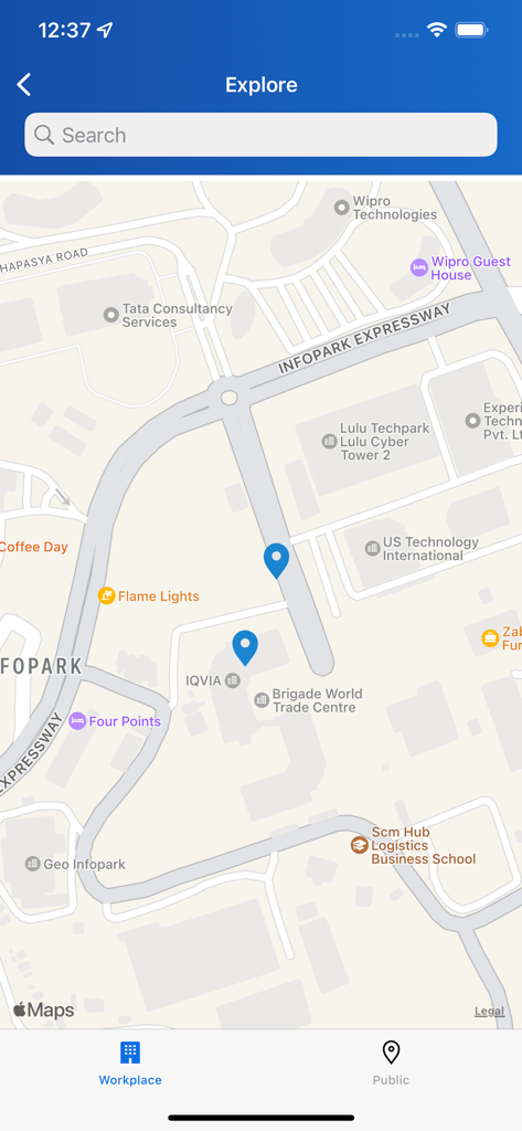 Xerox Workplace app map view showing nearby printer locations with blue pins