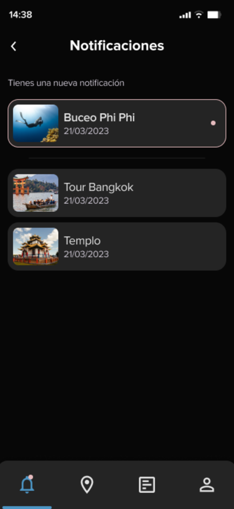 T&T - T&T app notification interface showing travel activity alerts for diving and tours in dark mode