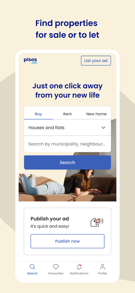 Home screen of the pisos.com app showing property search filters for buying or renting houses and flats.