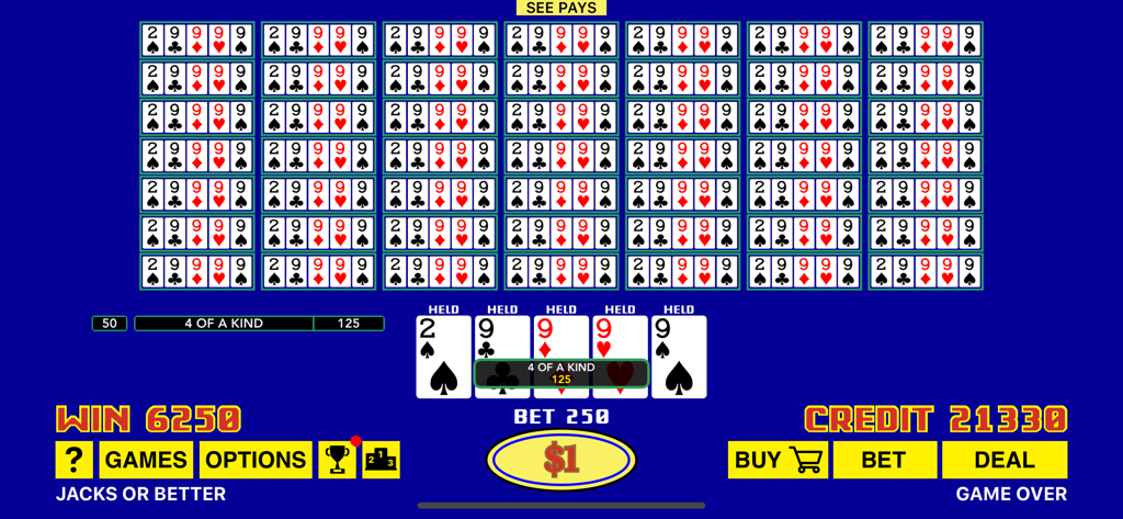 La interfaz de juego de The Classic Video Poker mostrando 50 manos de Jacks or Better con una mano ganadora de póker