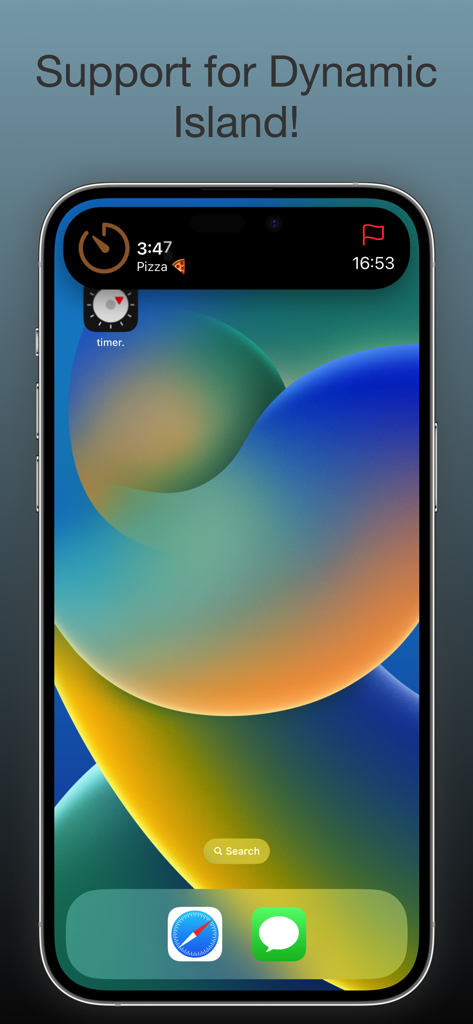 timer. - Multi Countdown Timer - iPhone home screen showing the timer app integrated into the Dynamic Island with an active pizza countdown