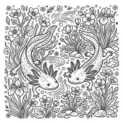 Discover the charm of mudpuppies in a lush spring setting with this intricate coloring page. Featuring two playful aquatic salamanders surrounded by blooming flowers and natural elements, it's a perfect blend of nature and artistic expression.