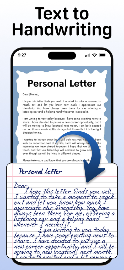 Text to Handwriting Converter - A mobile screen showing a typed personal letter being converted into a realistic handwritten note on lined paper.