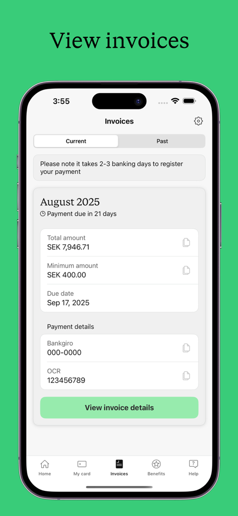 AirPlus Corporate 앱 화면에 송장 결제 세부 정보 및 현재 잔액 표시