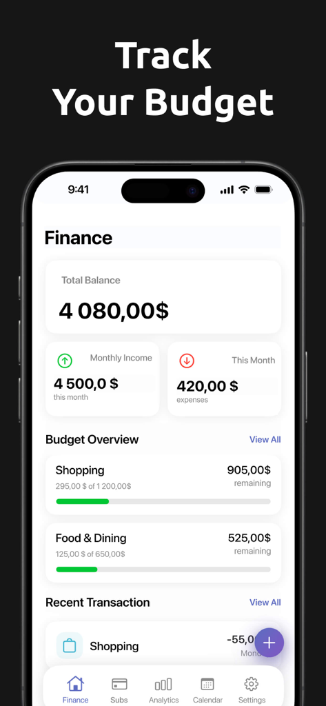 Dashboard der mobilen App für Budget Planer und Tracker, das den gesamten Saldo, das monatliche Einkommen und die Ausgabenübersicht anzeigt