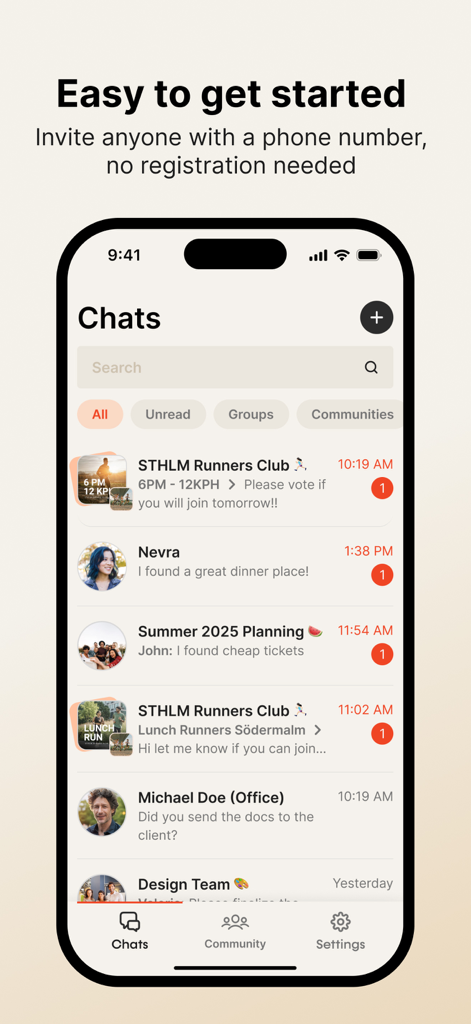 Supertext Messenger - Supertext Messenger chat list screen showing various group and individual conversations