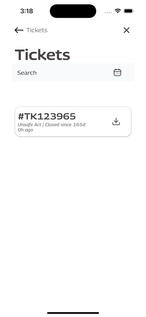 Interface of the M-Safe app showing a list of safety incident tickets including ticket number and status