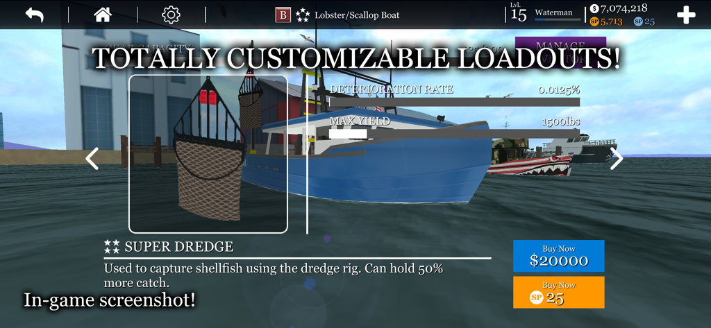 Customizable boat loadouts in uCaptain fishing simulator showing a super dredge for shellfish
