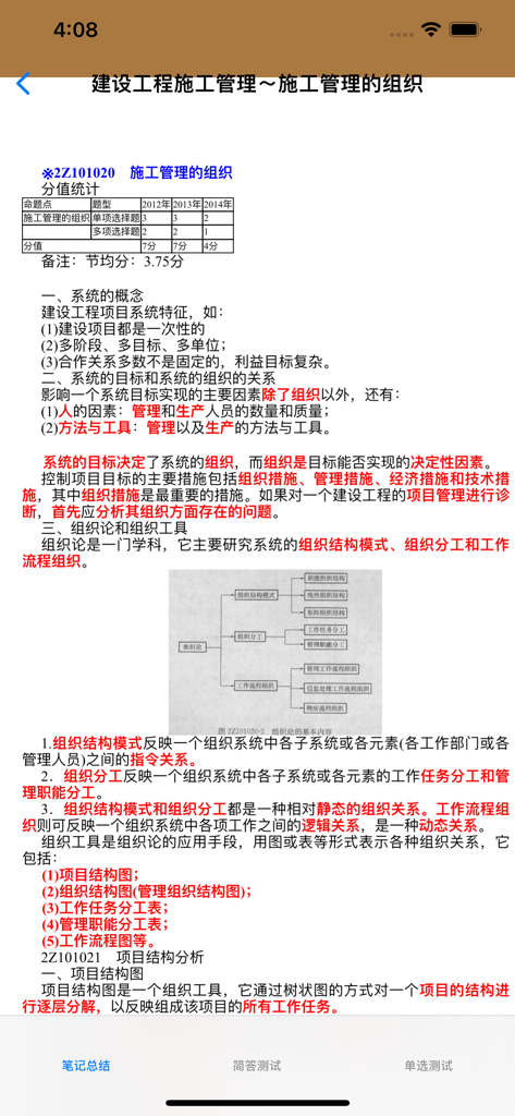 Mobile app screen displaying Chinese study notes for construction project management including an organizational chart.