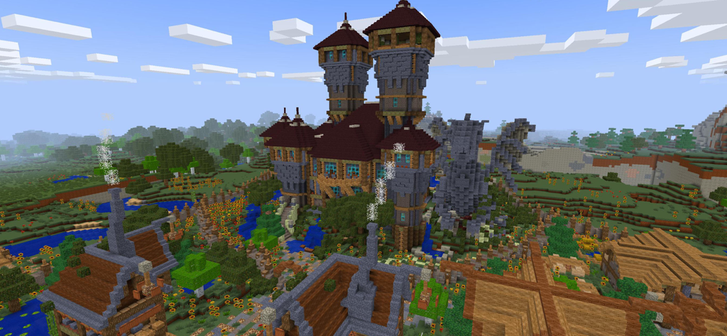 PrimalСraft 3D: Block Building - Castillo medieval de bloques detallado y estatua de dragón en un paisaje verde