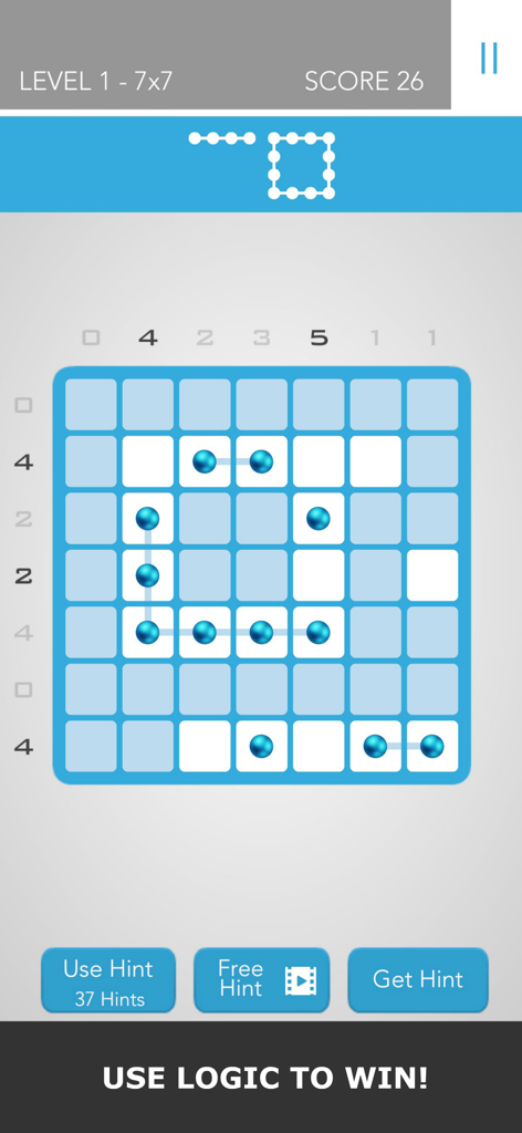 Logic Dots 2 - Gameplay screenshot of Logic Dots 2 showing a seven by seven logic grid with blue dots and numerical clues