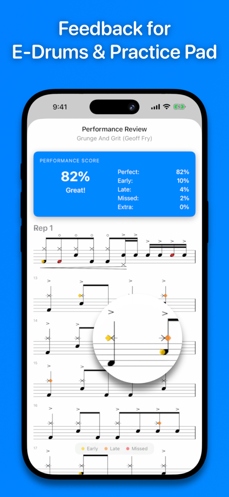 Drumr - Learn & Practice Drums - Drumr app performance review screen showing an 82 percent score and feedback markers on drum sheet music for e-drums and practice pads.