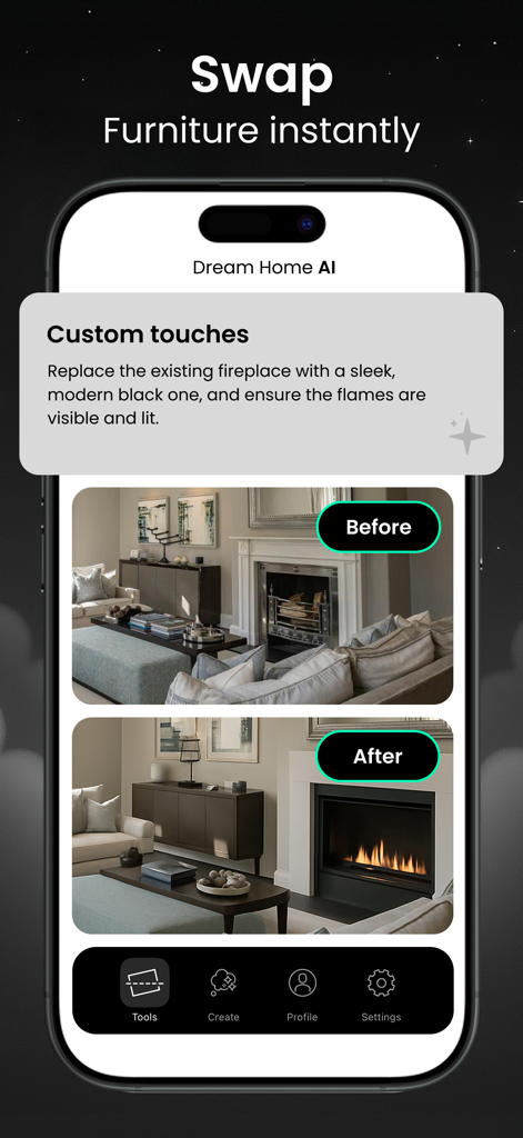 Before and after comparison of a living room fireplace redesign in the Room Planner Dream Home AI app.