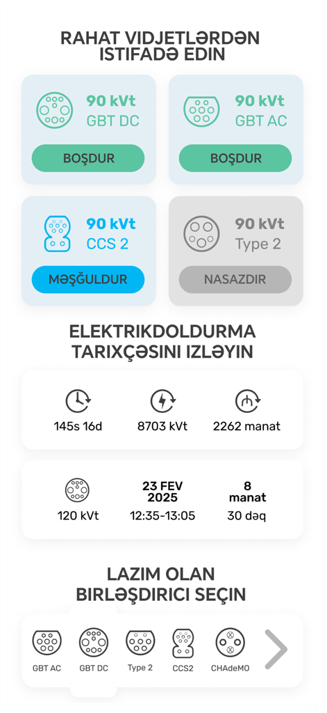 Azərişıq VEP – EV Charging - Interface showing EV charging station status widgets and charging history tracking