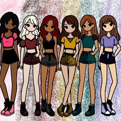 a group of girls wearing crop tops and shorts