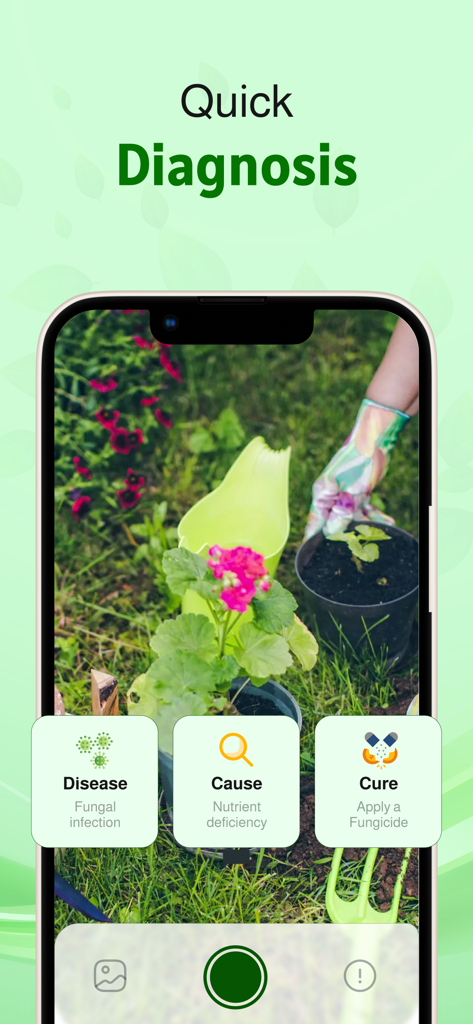 Plant Identifier &Disease Care - Interfaz de aplicación móvil para un diagnóstico rápido de enfermedades de plantas que muestra la causa y el tratamiento de una infección fúngica.