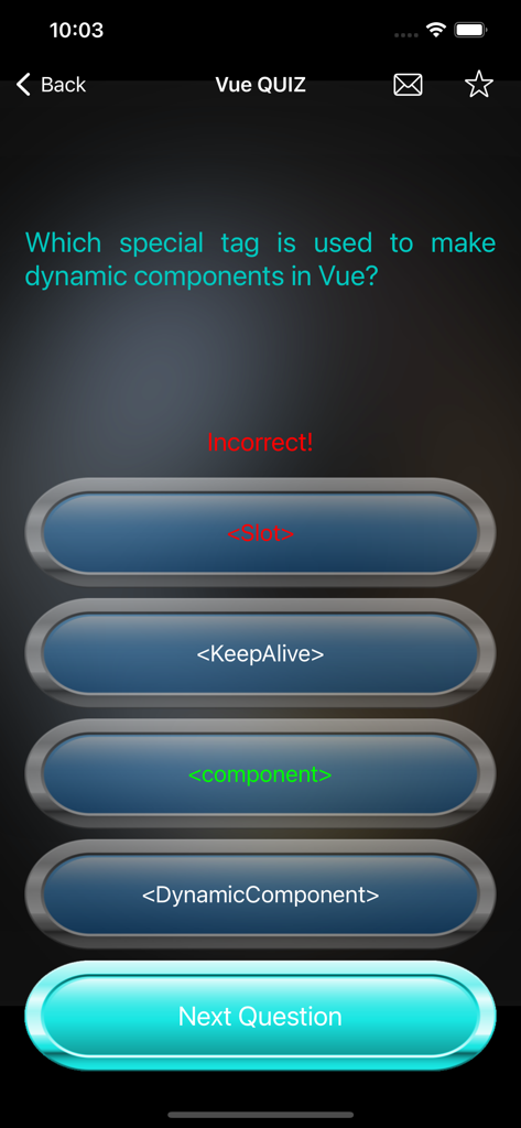Web Development Languages Quiz - A screen from the Web Development Languages Quiz showing a Vue question with immediate feedback on the correct and incorrect answers.