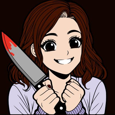 a realistic girl holding a knife and grinning