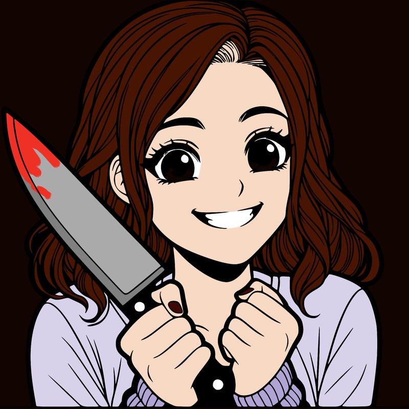 a realistic girl holding a knife and grinning