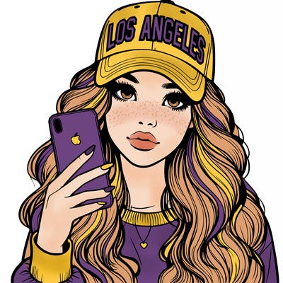 realistic beautiful girl wearing los ángeles cap holding an iphone