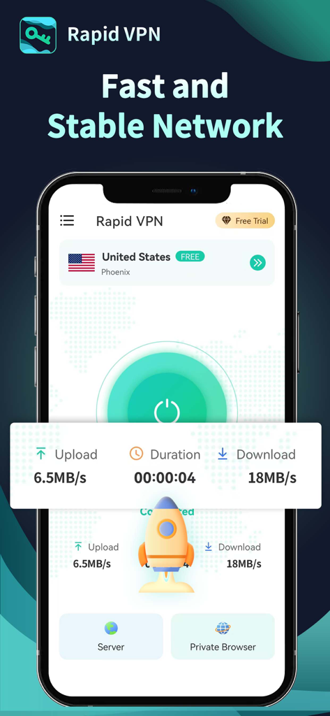 Rapid VPN mobile app interface showing real-time upload and download speeds for a US server connection