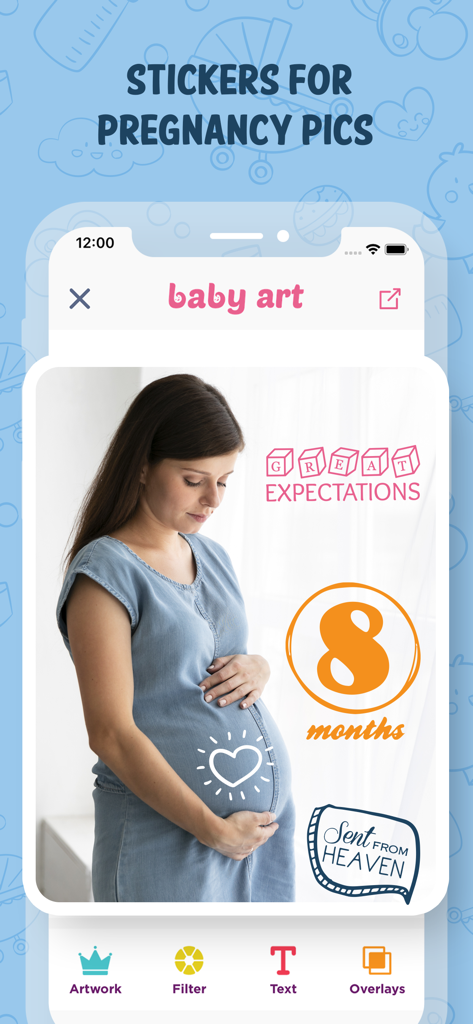 Mobile app screen showing pregnancy photo editing with milestone stickers and text overlays