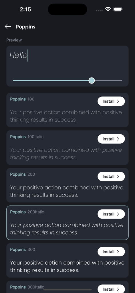 Interface de l'application Installeur de polices montrant différents styles et graisses de la police Poppins avec des boutons d'installation
