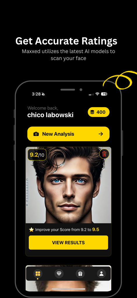 MaxxedAI: FaceRate & LooksMax - MaxxedAI app interface showing a male facial analysis with a 9.2 out of 10 rating