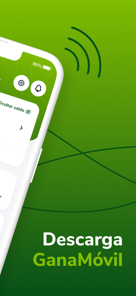 GanaMóvil - Smartphone screen showing the GanaMovil app interface with the text Descarga GanaMovil on a green background