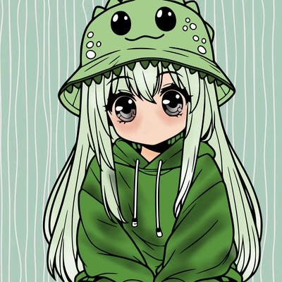 girl with anime shaped eyes with a dinosaur bucket hat oversized sweatshirt long straight hair