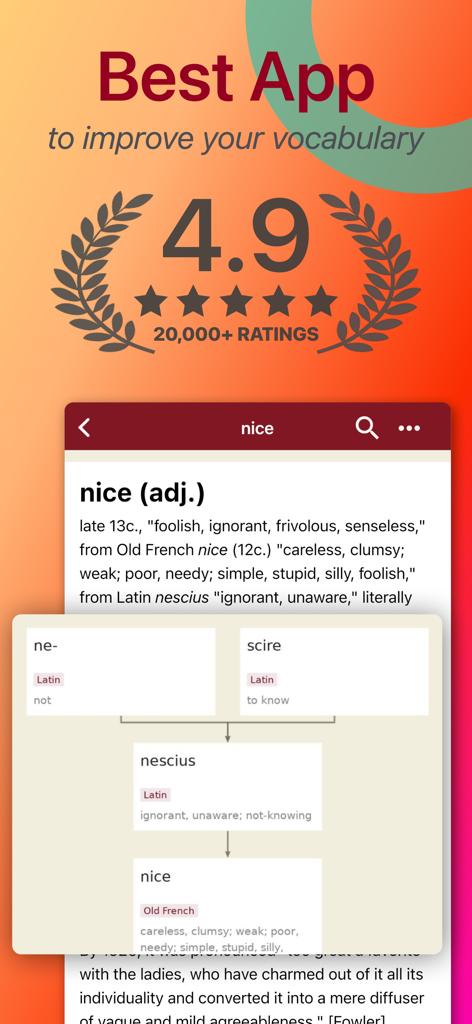 Captura de tela do aplicativo Dicionário Etymonline de Inglês mostrando a história da origem da palavra 'nice' e uma classificação de quatro vírgula nove estrelas