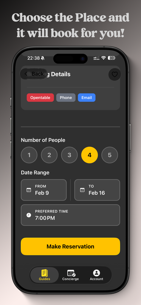 HotSpot - AI Reservations - Interface of the HotSpot app showing the reservation booking screen with options for guest count, date range, and preferred time.