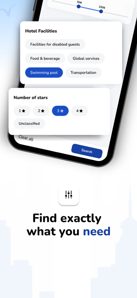 Louvre Hotels Group - Louvre Hotels Group app interface showing search filters for facilities and star ratings