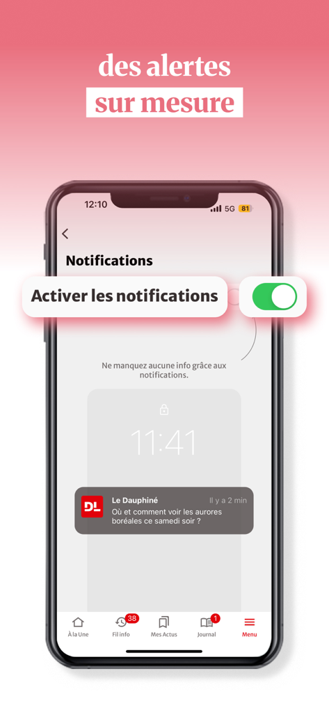 Le Dauphiné Libéré, actualités - Customizable notifications interface in the Le Dauphiné Libéré mobile app