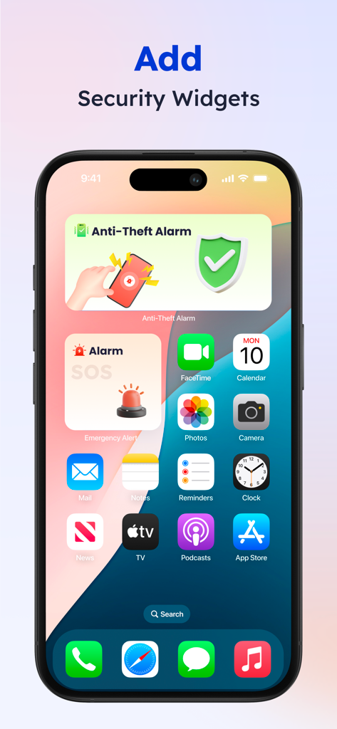 Tela inicial do iPhone exibindo widgets personalizados Anti-Roubo e SOS de Emergência do aplicativo Junk Cleaner.