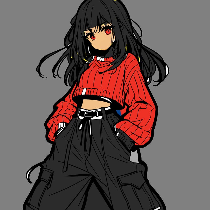 anime teen girl with baggy pants and crop top with sweater