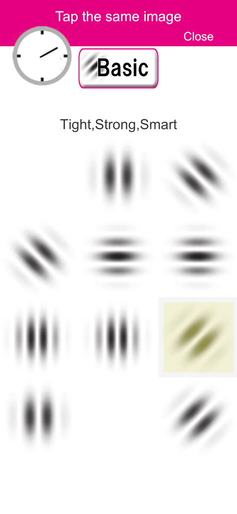 GaborPatchGame - Gabor patch matching game screen for vision improvement exercise