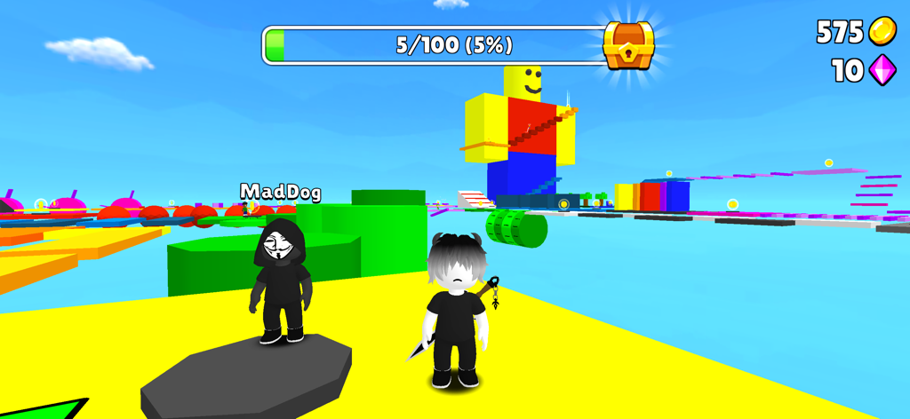 Two customized characters standing on a vibrant yellow platform in a 3D obstacle course game