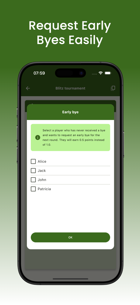 Chess Tournament Manager Pro - Interfaz de solicitud de bye temprano en la aplicación Chess Tournament Manager Pro que muestra una lista de selección de jugadores.