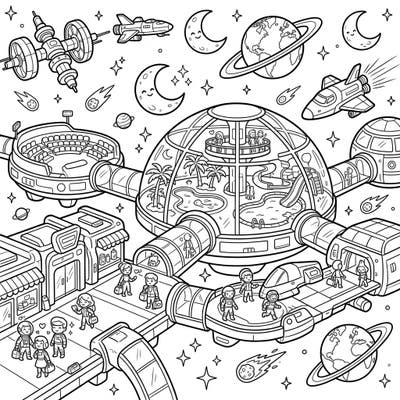 Ignite your child's imagination with this incredible space resort coloring page! They'll love exploring a futuristic world filled with astronauts, playful moons, and exciting space adventures.