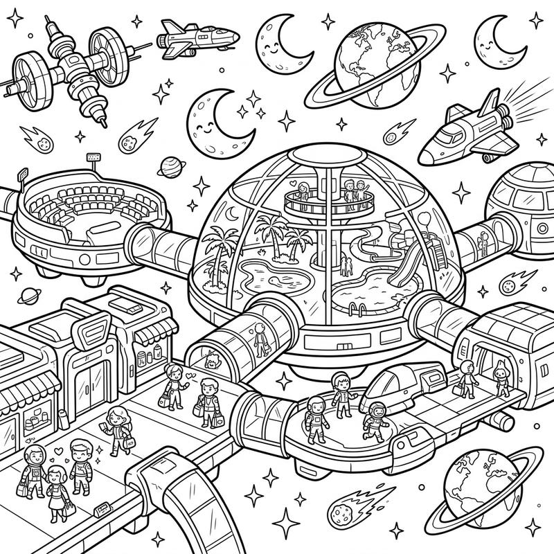 Ignite your child's imagination with this incredible space resort coloring page! They'll love exploring a futuristic world filled with astronauts, playful moons, and exciting space adventures.
