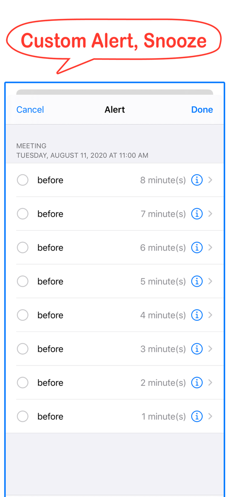 Calendar Tools - Custom alert settings in the Calendar Tools app showing multiple minute-by-minute reminders for a meeting.
