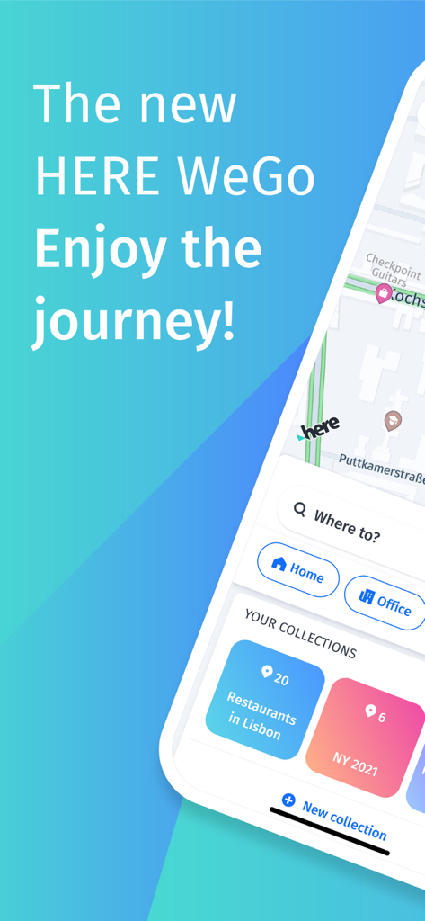 HERE WeGo navigation app interface showing destination search bar and saved map collections