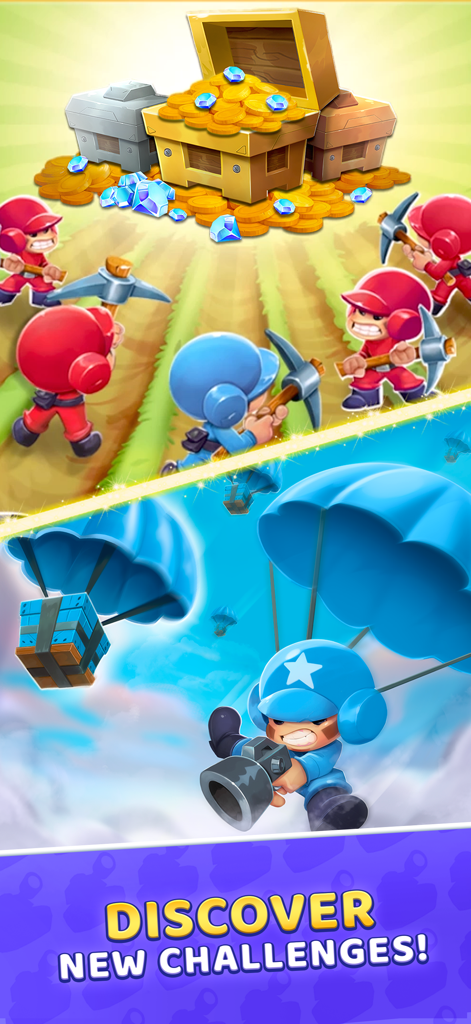 Grunt Rush: Battle & Conquer - Cartoon soldiers mining gold and gems with a blue paratrooper descending in the Grunt Rush game.