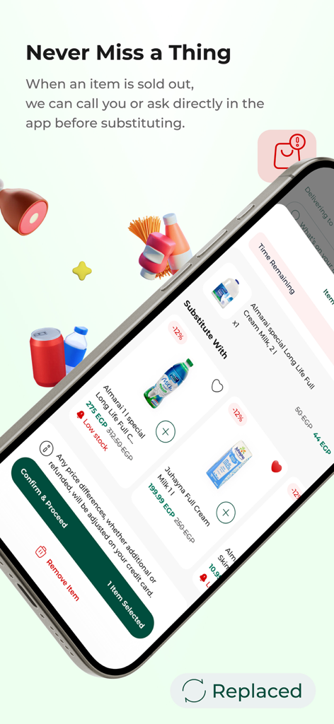 Ein mobiler App-Bildschirm für den Spinneys Online Shop mit einer Funktion für Produktersatz bei nicht vorrätigen Lebensmitteln.