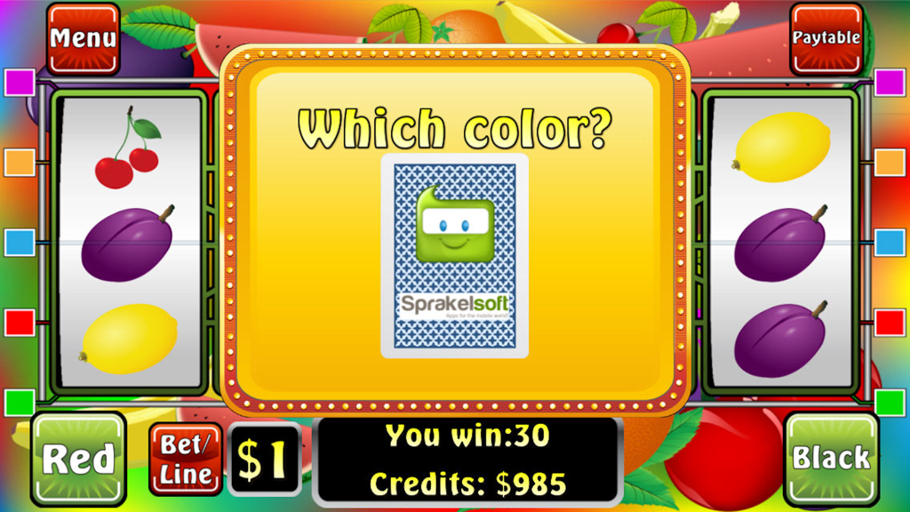 Slot Fever - A mini game screen in Slot Fever where the player chooses between red or black to increase their winnings.