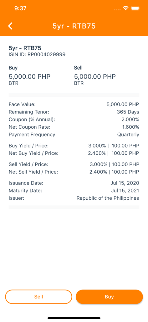 Bonds PH - Screen of the Bonds PH app displaying the financial details and buy and sell options for a Philippine treasury bond.